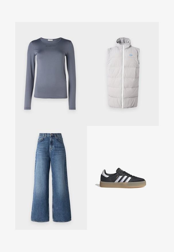 Chaleco de plumas gris con cierre frontal, cuello alto y diseño sin mangas; cuenta con dos bolsillos frontales y un pequeño logo azul.; Camisa de manga larga gris, hecha de material suave, con un escote redondo y la palabra "BLANCHE" impresa en negro en el pecho.; Jeans de pierna ancha de talle alto, fabricados en denim de un azul claro, con un diseño clásico de cinco bolsillos y un sutil desvanecimiento a lo largo de las piernas.; Zapatilla deportiva de cuero negro con tres rayas plateadas, punta texturizada y suela de goma. Cuenta con un collar acolchado y un diseño con cordones.