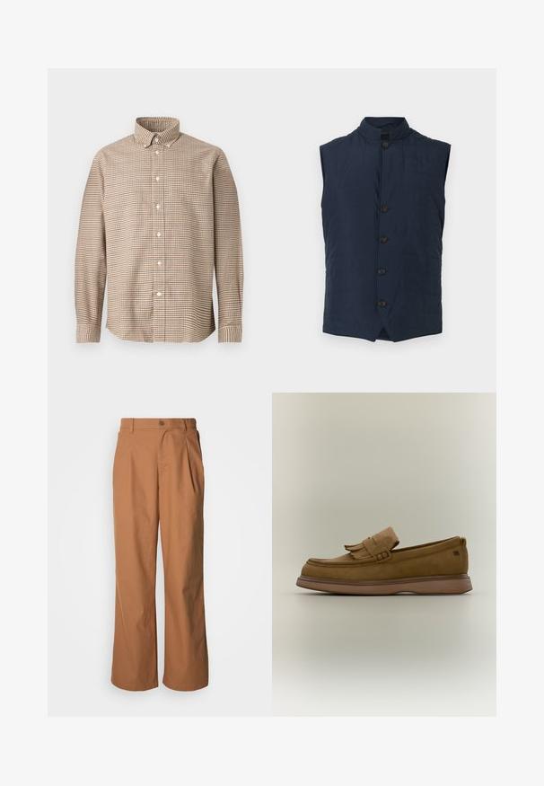Veste matelassée bleu marine avec un col montant, dotée de six boutons sur le devant. Le tissu est lisse avec un léger éclat et un motif texturé.; Chemise à manches longues à carreaux beige et marron avec col boutonné, présentée sur un fond uni, vue de face.; Pantalon à jambes larges en tissu marron chaud, avec fermeture à boutons sur le devant, plis subtils et coupe droite pour une tenue décontractée.; Mocassin en cuir marron avec un détail à franges sur le dessus et une semelle épaisse en caoutchouc sur un fond clair uni.