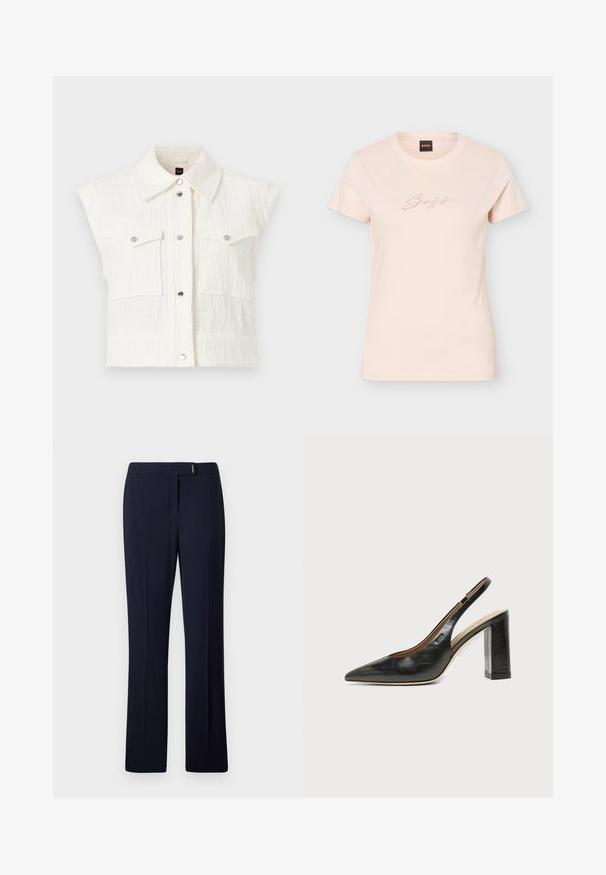 Chaleco blanco sin mangas con textura, cuello ancho, botones de presión metálicos en la parte delantera y dos bolsillos de solapa en el pecho con botones de presión metálicos.; Camiseta de mujer de manga corta en beige claro con cuello redondo y la palabra "Boss" en pequeña escritura punteada en el pecho.; Pantalones ajustados de color azul marino hechos de una tela suave, con un frente plano, piernas rectas y un sutil acento plateado en la cintura.; Zapato slingback de piel negra con puntera puntiaguda, tacón alto y ancho, y forro interior beige sobre un fondo claro y liso.