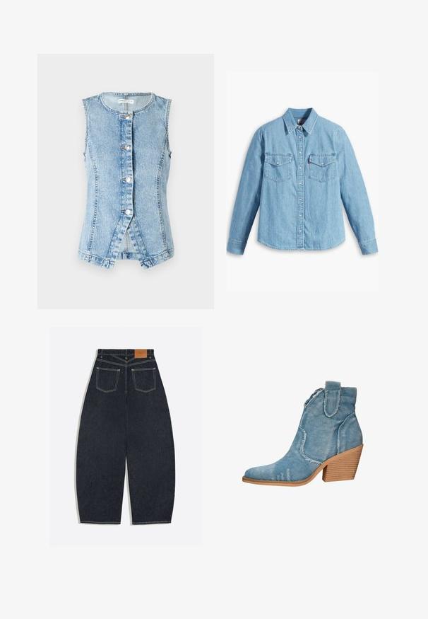 Lichtblauwe denim vest zonder mouwen, met knoopsluiting aan de voorkant en een getailleerd ontwerp. Heeft dubbel gestikte naden en een afgeronde zoom.; Lichtblauwe spijker blouse met lange mouwen, puntige kraag, twee borstzakken, knoopsluiting en subtiele textuur. Geen zichtbare patronen.; Donkerblauwe denim jeans met wijde pijpen, gezien van achteren met twee opgestikte zakken en een bruin leren merklabel op de tailleband.; Blauwe spijkerdenim enkellaarsjes met een spitse neus, verouderde textuur en een gestapelde houten hak. Voorzien van zijlussen voor makkelijk aan- en uittrekken.