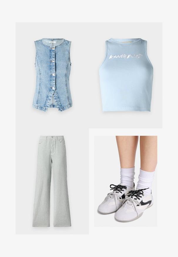 Gilet en denim bleu clair sans manches, à fermeture boutons sur le devant, avec une coupe ajustée. Présente des coutures à double surpiqûre et un ourlet arrondi.; Débardeur court en bleu clair avec un col rond et sans manches. Présente un texte brodé blanc à l'avant.; Pantalons larges à rayures fabriqués en tissu léger, avec des rayures verticales bleues et blanches, une taille haute et des poches avant.; Baskets blanches et noires avec une tige en daim et synthétique, bout rond, lacets texturés et col rembourré, portées avec des chaussettes blanches côtelées.