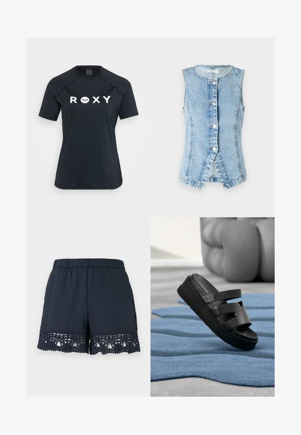 Gilet en denim bleu clair sans manches, à fermeture boutons sur le devant, avec une coupe ajustée. Présente des coutures à double surpiqûre et un ourlet arrondi.; Rash guard noir à manches courtes en matière extensible, avec un logo "ROXY" blanc sur le devant et un design à col rond.; Shorts femme bleu marine avec taille élastique et bordure en dentelle florale le long de l'ourlet sur un fond clair uni.; Sandale à plateforme noire avec trois brides posée sur un tapis bleu texturé ondulé, à l'intérieur près d'un canapé arrondi flou.