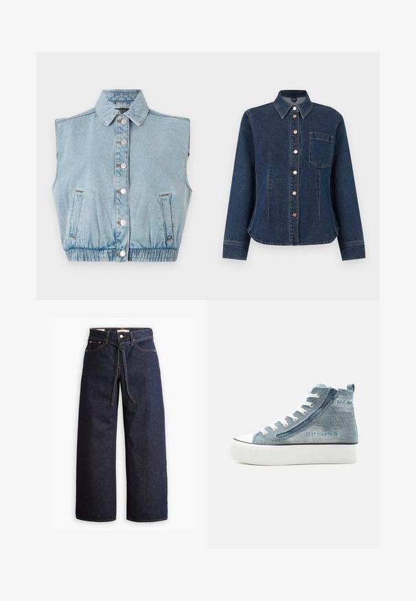 Lichtblauwe spijkerstof mouwloze jas met een knoopsluiting aan de voorkant, kraag en elastische zoom. Beschikt over twee zijzakken en zilveren knoopaccenten.; Donkerblauw denim overhemd met knopen, lange mouwen, kraag en enkele borstzak, aansluitende pasvorm, koperen knopen aan de voorkant.; Wijd pijpjes donkerblauwe denim jeans met een hoge taille, voorzien van een trekkoord, vijf zakken en contrasterende stiksels.; High-top denim sneaker met witte veters, zijrits, rubberen zool en geborduurd merkdetail aan de buitenkant.