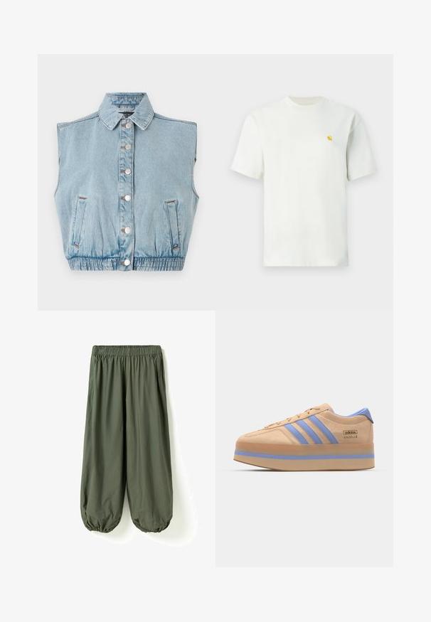 Veste sans manches en denim bleu clair avec un devant à boutons, un col et un ourlet élastique. Dotée de deux poches latérales et de détails en boutons argentés.; T-shirt blanc à manches courtes et col rond avec un petit logo jaune sur le côté gauche de la poitrine, présenté sur un fond uni.; Pantalon ample vert olive avec taille élastique et bas froncés, en tissu léger.; Baskets en suède beige avec des rayures bleu clair, semelle compensée et accents bleus sur le talon. Dotées d'un système de laçage et d'un logo sur le côté.