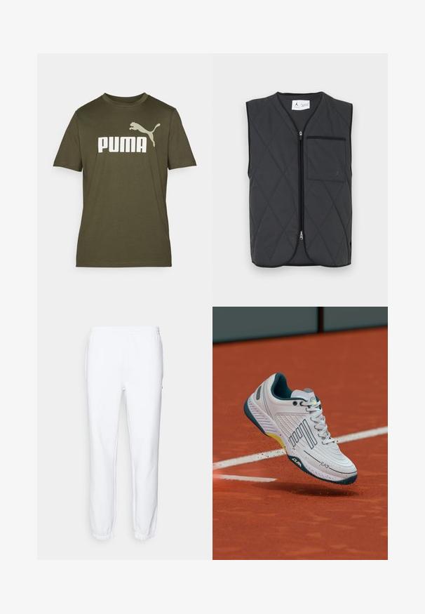 Schwarze gesteppte ärmellose Weste mit Frontreißverschluss und Brusttasche mit dezentem Jordan-Logo auf der rechten Seite.; Olivgrünes Baumwoll-T-Shirt mit einem großen weißen "PUMA"-Logo und einem springenden PUMA-Grafik auf der linken Schulter. Kurze Ärmel, Rundhalsausschnitt.; Lacoste Jogginghose - white; Weißer Sportschuh mit strukturiertem Design, dunkelblauen Akzenten und einem gelben Detail an der Zwischensohle, in der Luft auf einem Sandplatz gezeigt.