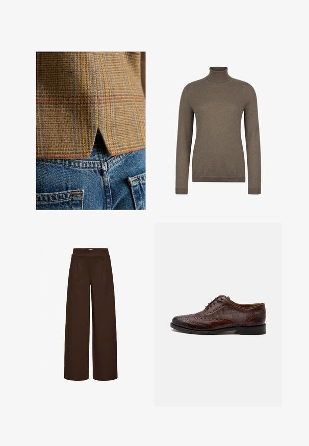 Brunt ternet uldestof med røde og blå linjer har en ventileret nederdel, vist over blå denim jeans med gul syning.; Brun langærmet rullekravebluse med ribstrikket krave, manchetter og kant, vist på en hvid baggrund.; Brune vide bukser lavet af glat stof, med en høj talje og to frontfolder, designet til en løs pasform.; Brun læder herre wingtip selskabssko med brogue-detaljer og ternede stofsider, vist fra siden på en hvid baggrund.