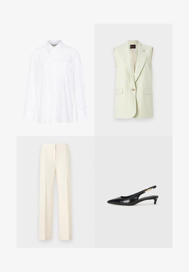 Mouwloze crèmekleurige blazer met krijtstreep, voorzien van inkeping revers, twee klepzakken aan de voorkant en een enkele bruine knoopsluiting.; Witte lange mouwen overhemd met kraag van katoen. Voorzien van een knoopsluiting aan de voorkant en een enkele borstzak. Een gladde textuur en een ontspannen pasvorm.; Off-white rechte, op maat gemaakte broek met voorplooi, tailleband en verborgen voorzijde sluiting tegen een effen achtergrond.; Zwarte leren slingback hakken met een spitse neus, voorzien van een slanke hak en een goudkleurige accent op de verstelbare band. Gladde textuur.