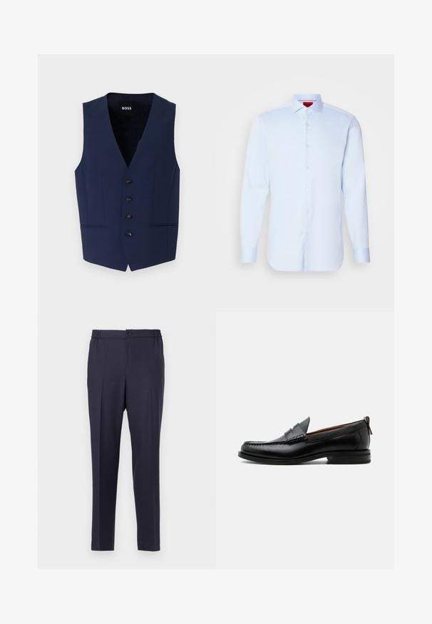 Gilet bleu marine ajusté avec un col en V, cinq boutons noirs et poches latérales. Fabriqué en tissu texturé, conçu pour une silhouette ajustée.; Chemise à manches longues, bleu clair, avec un col évasé, un ourlet arrondi et des boutons blancs. Tissu lisse avec un éclat subtil.; Pantalon bleu marine à devant plat, taille élastique et fermeture à bouton. Coupe droite et texture lisse, adapté pour une tenue formelle ou décontractée.; Mocassin homme en cuir noir avec couture moc toe, bride penny, col texturé et petit talon empilé sur fond blanc.
