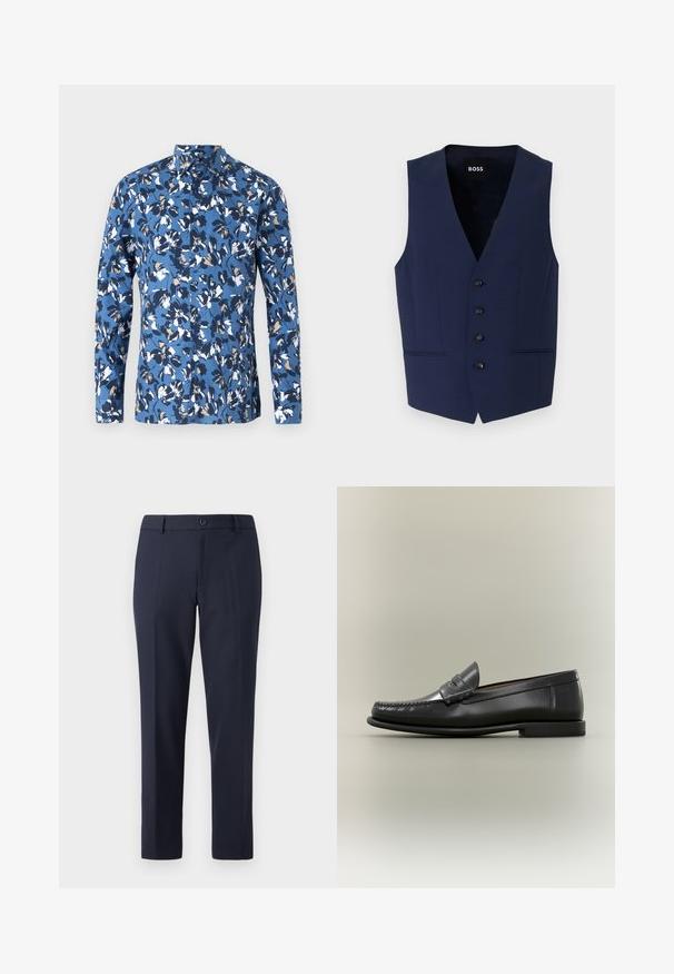 Marineblå skræddersyet vest med V-hals, fem sorte knapper og sidelommer. Lavet af tekstureret stof, designet til en tætsiddende silhuet.; Blå langærmet skjorte med knapper, der har et blomsterprint i hvide, marine- og brune nuancer. Fremstillet af blødt bomuldsstof med krave.; Marinebukser lavet af glat stof, med lige snit, bæltestropper og en enkelt knaplukning i taljen.; Sort læder herresko med moc-toe-design, penny-rem og lav hæl på en neutral baggrund.