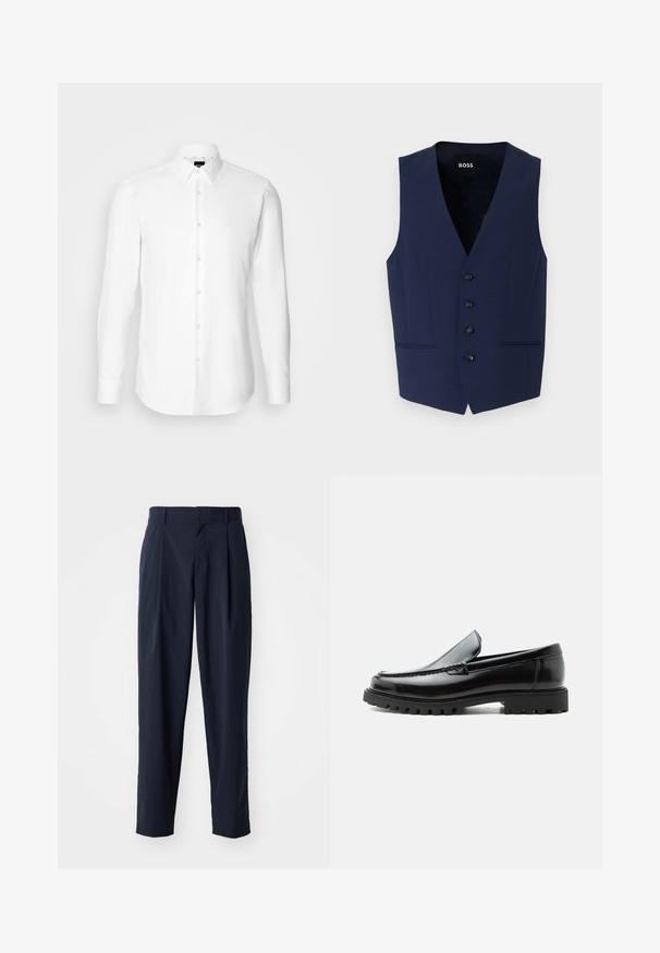 Chaleco ajustado de color azul marino con escote en V, cinco botones negros y bolsillos laterales. Confeccionado en un tejido texturizado, diseñado para una silueta entallada.; Camisa blanca de manga larga, con cierre de botones en el frente, cuello clásico, confeccionada con una tela suave con una textura sutil, diseñada para un ajuste entallado.; Pantalones ajustados azul marino con un diseño de pierna recta, que cuentan con un frente plisado, lazos para cinturón y una textura suave.; Mocasín de cuero negro con suela de goma gruesa, empeine cosido y nombre de la marca en relieve en el talón, mostrado en perfil lateral sobre fondo blanco.