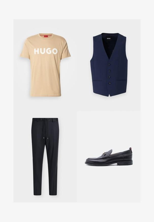 Marineblå skræddersyet vest med V-hals, fem sorte knapper og sidelommer. Lavet af tekstureret stof, designet til en tætsiddende silhuet.; Beige bomulds T-shirt med rund hals, korte ærmer og et markant hvidt "HUGO" logo på forsiden. Glat tekstur, afslappet design.; Sorte skræddersyede bukser med snøre i taljen og subtile forplisseringer foran, vist på en ensfarvet lys baggrund.; Sort lædermokasin med grå tekstureret forfod, sølvfarvet metalspænde, lav hæl og trækflap bagpå.