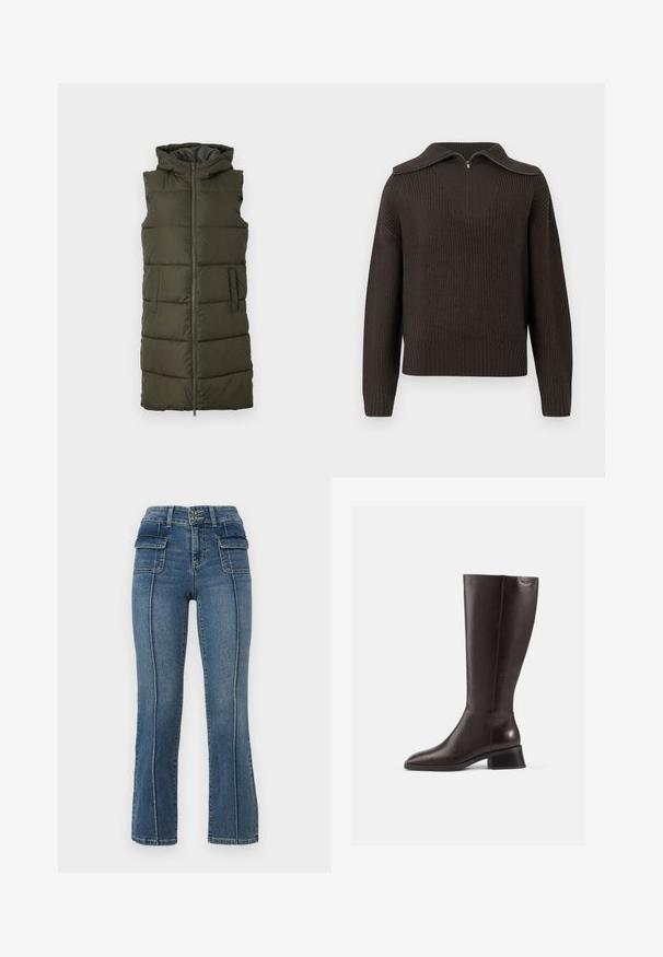 Oliven grøn udenærmet puffer vest med fuld frontlynlås, to sidelommer og hætte, som har quiltede sektioner til isolering.; Mørkebrun strikket sweater med lange ærmer, lynlås i den brede krave samt ribbede manchetter og kant.; ONLY Petite ONLWAUW MID WAIST FLARED - Flared jeans - medium blue denim; Brune læderstøvler til knæene med en glat overflade, rund tå og en stablet sort hæl. Simpelt design med minimale hardwaredetaljer.