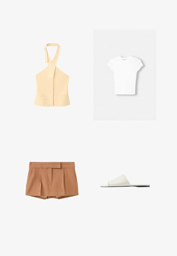 Haut beige sans manches à col halter avec trois boutons sur le devant, deux petites poches avant et bretelles réglables avec fermeture par boucle.; T-shirt blanc à manches courtes en coton doux, avec un col rond et une coupe ajustée. Pas de motifs ni d'ornements visibles.; Shorts marron clair taille haute, ajustés, avec plis avant et poches latérales, dotés d'une ceinture large avec fermeture dissimulée.; Sandale blanche à enfiler avec une large bride unique et une semelle plate, vue de côté sur fond blanc.