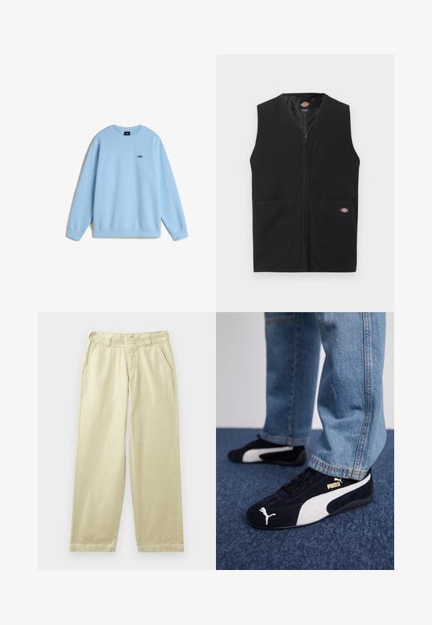 Schwarze ärmellose Weste mit durchgehendem Frontreißverschluss und zwei großen vorderen Taschen, mit kleinem Dickies-Logo auf der rechten Tasche.; Helles blaues Sweatshirt aus weichem Stoff, mit Rundhalsausschnitt und langen Ärmeln. Kleines schwarzes "VANS"-Logo auf der Brust. Lässiger Schnitt.; Beige Baumwollhosen mit lockerem Schnitt, ausgestattet mit Seitentaschen, Gürtelschlaufen und geraden Beinen. Glatte Textur mit minimalen Nahtdetails.; Schwarze Wildledersneaker mit weißen Akzenten und einem goldenen Logo. Getragen mit hellblauen Jeans und auf einer strukturierten blauen Oberfläche platziert.