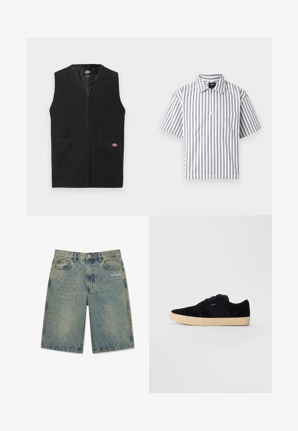 Sort ærmeløs vest med lynlås foran og to store forlommer, med en lille Dickies-logo på højre lomme.; Hvid kortærmet skjorte med lodrette grå striber, lynlås foran, to brystlommer og en opslået krave, vist på en hvid baggrund.; Lyseblå denimshorts med falmet finish, forlommer, bæltestropper, knaplukning og "PEGADOR" logo på højre forlom.; Sort lavtop sneaker med beige tekstureret sål, snørebånd og lille sidelog på en ensfarvet lysegrå baggrund.