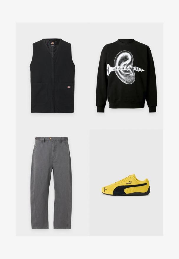Sort ærmeløs vest med lynlås foran og to store forlommer, med en lille Dickies-logo på højre lomme.; Sort sweatshirt med en stor hvid grafik af et øre og en skrue, med lange ærmer og rund halsudskæring. Glat stoftekstur.; Grå bukser med lige ben, forlommer, bæltestropper og lukning med en messingknap, vist på en hvid baggrund.; Gul ruskinds sneakers med sorte ruskindsdetaljer. Har en struktureret sål, snørelukning og Puma-logo på siden og tungen.
