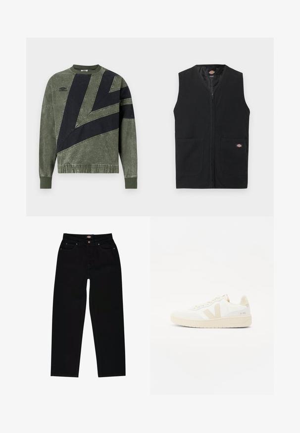 Schwarze ärmellose Weste mit durchgehendem Frontreißverschluss und zwei großen vorderen Taschen, mit kleinem Dickies-Logo auf der rechten Tasche.; Langärmliges, grün-schwarz color-blocked Sweatshirt mit gerippten Bündchen und Kragen, mit Umbro-Logo auf der linken Brust.; Schwarze Jeans aus Denim im geraden Schnitt, mit fünf Taschen, braunen Nähten und einem Reißverschluss. Glatte Textur und hochwertiges Material.; Weißer Sneaker mit beigen Akzenten, ausgestattet mit einem strukturierten Obermaterial, runder Zehenpartie und einer dicken Gummisohle. Das Design umfasst das ikonische V-Logo und Branding.