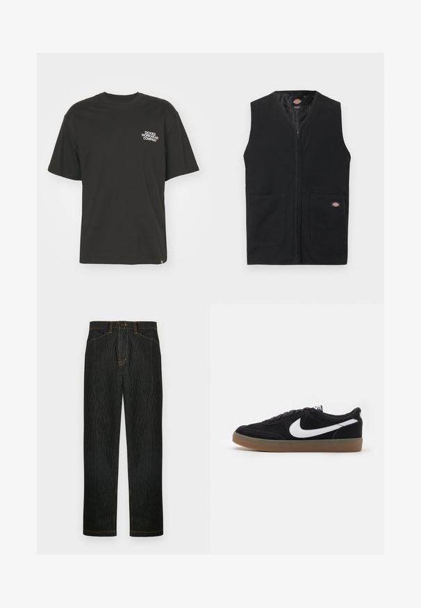 Chaleco negro sin mangas con cremallera frontal y dos grandes bolsillos delanteros, con un pequeño logo de Dickies en el bolsillo derecho.; Dickies GRAPHIC TEE - Camiseta estampada - black; Pantalones a rayas negras hechos de denim, con costuras naranjas y diseño de pierna recta. Incluyen cierre frontal con botones y trabillas para cinturón.; Zapatillas de skate de ante negro con el logotipo de Nike en blanco, puntera redonda y suela de goma. Presentan un diseño con cordones planos y un collar acolchado.