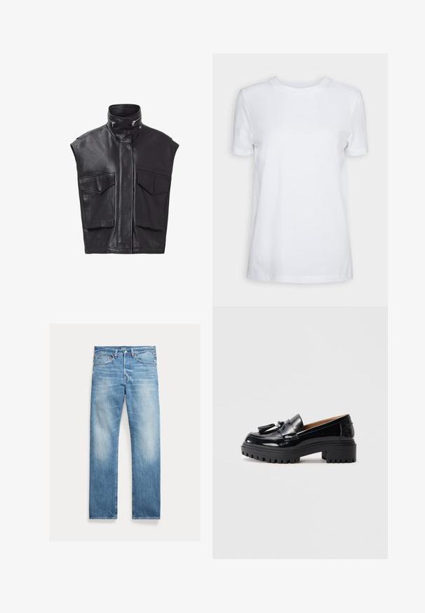 Schwarze Lederweste ohne Ärmel, mit hohem Kragen, Frontreißverschluss und zwei großen Brusttaschen. Glatte Textur mit minimalistischem Design.; Schlichtes weißes T-Shirt mit kurzen Ärmeln und Rundhalsausschnitt, normaler Passform und einem kleinen Innenhalsetikett mit der Aufschrift „SELECTED FEMME.“; Hellblaue Straight-Leg-Denim-Jeans mit leichtem Verblassen, Fünf-Taschen-Design und sichtbarem Polo-Markenlabel am Bund.; Schwarze Lacklederloafers mit dicker schwarzer Sohle, ausgestattet mit Quasten-Detail und einem kleinen Perlenakzent. Geschmeidige Textur und abgerundete Form.