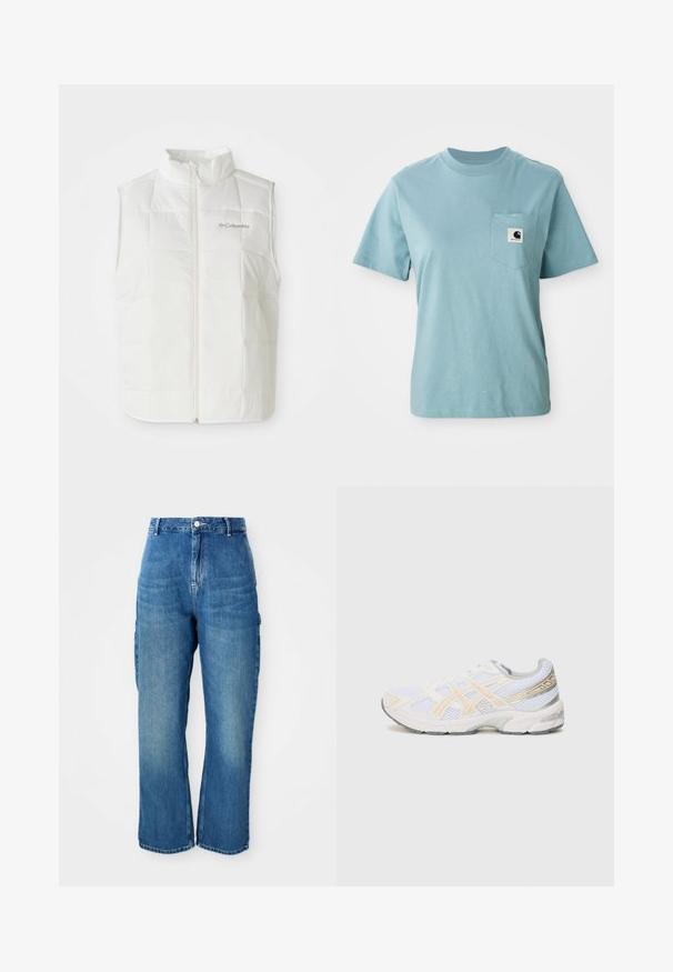 Chaleco sin mangas acolchado blanco de Columbia con cremallera frontal y cuello alzado, patrón cuadrado enrollado y logo en el lado izquierdo del pecho.; Camiseta de algodón de manga corta color azul claro con bolsillo en el pecho que presenta un pequeño parche del logotipo en blanco y negro de Carhartt.; Jeans de mezclilla azul de cintura alta y pierna recta con botón frontal, cierre de cremallera y bolsillos tipo cargo laterales sobre un fondo blanco.; Zapatilla deportiva blanca con material de malla, con acentos en naranja claro y gris, suela texturizada y cuello acolchado para mayor comodidad.