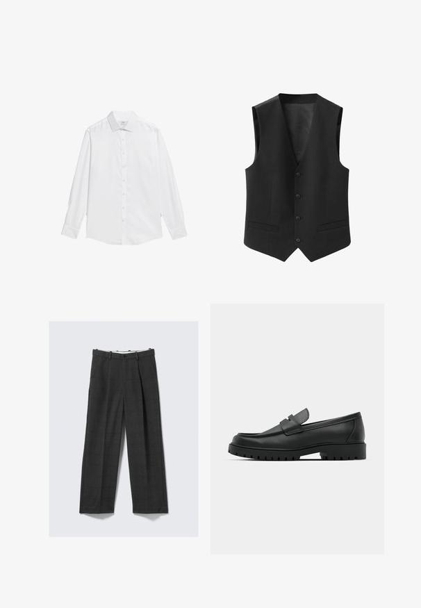 Gilet noir formel pour homme avec quatre boutons et deux poches avant, présenté sur un fond blanc uni.; Chemise blanche à boutons en tissu lisse, avec un col classique, des manches longues et un ourlet droit sans motifs ni accents.; Pantalons larges, gris foncé, avec un motif à carreaux, confectionnés dans un tissu texturé. Dotés d'une fermeture à bouton et de deux poches latérales.; Mocassins en cuir noir à bout arrondi, avec un design cousu, une semelle plateforme basse et une semelle en caoutchouc texturée et crantée.