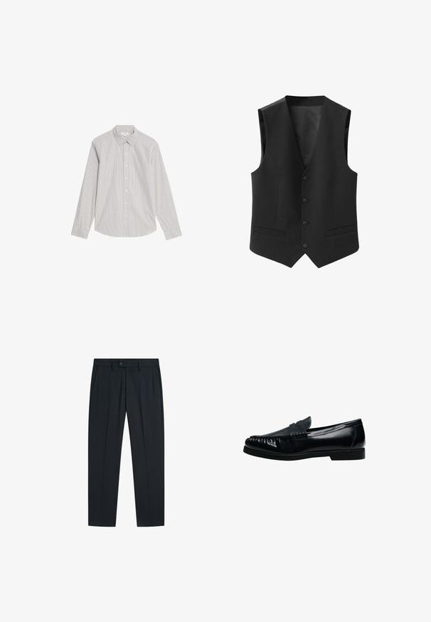 Sort formel herrevest med fire knapper og to forlommer, vist på en ensartet hvid baggrund.; Marks & Spencer STRIPED OXFORD - Skjorter - natural mix; Sorte skræddersyede herrebukser med forlommer, bæltestropper og knaplukning i taljen.; Sort herre penny loafer i læder med syninger på mok-toe og lav hæl, vist i sideprofil på hvid baggrund.