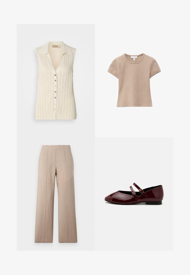 Ärmellose, cremefarbene Strickweste mit gerippter Struktur, Knopfleiste vorne und spitzem Kragen. Verfügt über sieben Knöpfe aus Metall und Kunststoff.; Beige kurzärmliges Baumwoll-T-Shirt mit Rundhalsausschnitt, sichtbaren Nähten und einem Stoffetikett am Halsausschnitt, flach auf weißem Hintergrund gelegt.; Beige weit geschnittene Hose aus leichtem Stoff, mit vorderen Falten, einem glatten Bund und geradem Schnitt mit sauberen Säumen.; Anna Field Riemchenballerina - dark red