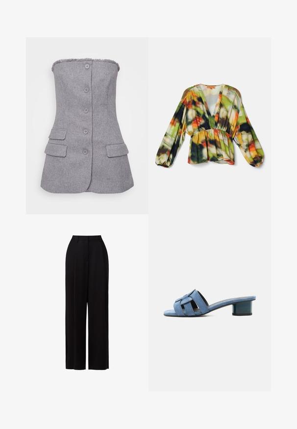 Blazer gris sans manches en tissu texturé, avec six boutons sur le devant et deux poches avant. Détail d'encolure effiloché. Coupe ajustée.; Blouse multicolore avec un décolleté en V profond, des manches longues bouffantes, une taille élastique et un motif floral abstrait vibrant en vert, orange et noir.; Pantalons larges noirs en tissu léger, avec une taille haute, des plis avant et un design minimaliste sans poches ni quincaillerie visibles.; Mule bleu en daim à bout ouvert avec larges brides tissées et un petit talon bloc sur fond blanc.