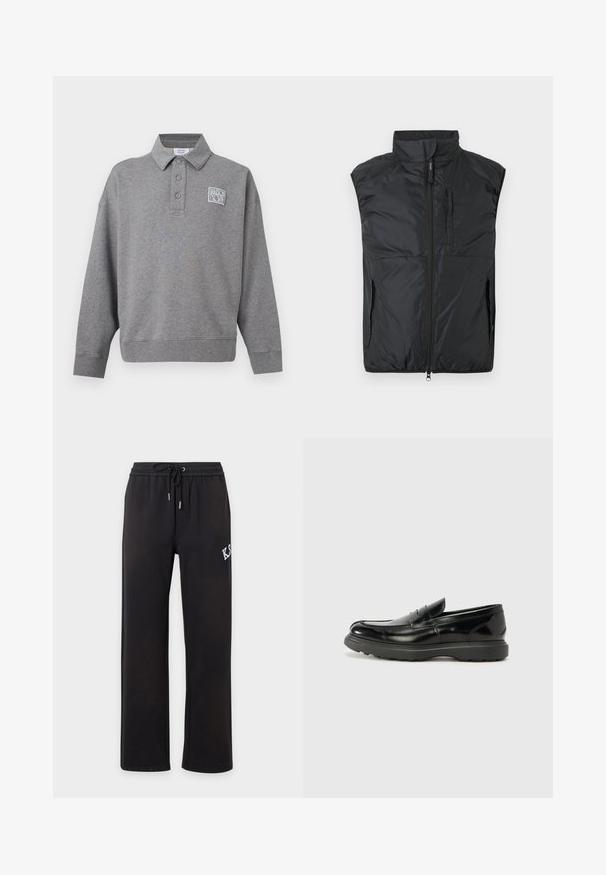 Veste matelassée noire sans manches avec col montant, fermeture éclair à l'avant, et poches zippées sur la poitrine et les côtés, sur un fond uni.; Sweat-shirt polo gris à manches longues avec trois boutons et un petit patch logo blanc "Maison Kitsuné" sur la poitrine gauche.; Pantalon décontracté noir avec jambes droites, taille élastique et cordon, avec inscription blanche partielle sur la cuisse droite.; Mocassin en cuir noir avec une finition brillante, bout arrondi, détails de couture subtils et semelle en caoutchouc épaisse pour la durabilité.