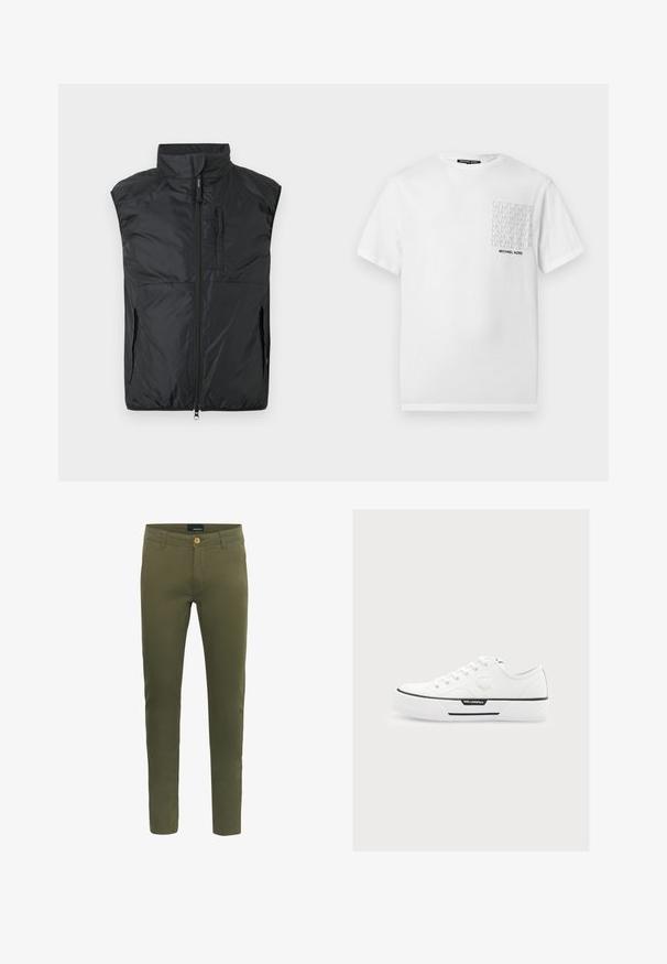 Sort ærmeløs polstret vest med høj krave, lynlås foran og lynlåslommer på brystet og siderne på en ensfarvet baggrund.; Hvid bomuld T-shirt med en gråmønstret lomme og sort "Michael Kors"-branding over lommen. Korte ærmer, rund halsudskæring.; Olivenfarvede bukser lavet af blød bomuldsblanding, med lukning foran med knap, bæltestropper og et slim fit design.; Hvid lav sneakers med snørebånd foran, tyk sål, sorte striber, Karl Lagerfeld-logo og præget ansigtsdetalje på siden.
