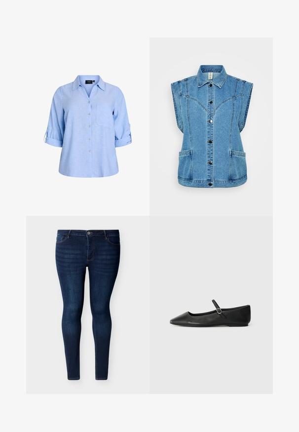 Lysblå denimvest med krave, ærmeløs design, knaplukning fortil, to sidelommer og strukturerede sømme.; Lyseblå, kortærmet skjorte med knapper og krave, enkelt brystlomme og ærmer med rulleflap. Fremstillet af et struktureret stof.; Mørkeblå skinny jeans med fem lommer, knaplukning foran og lynlås, vist på en hvid baggrund.; Sorte læder balletflade med spids tå, flad sål og en lille spænde rem over anklen for en sikker pasform.