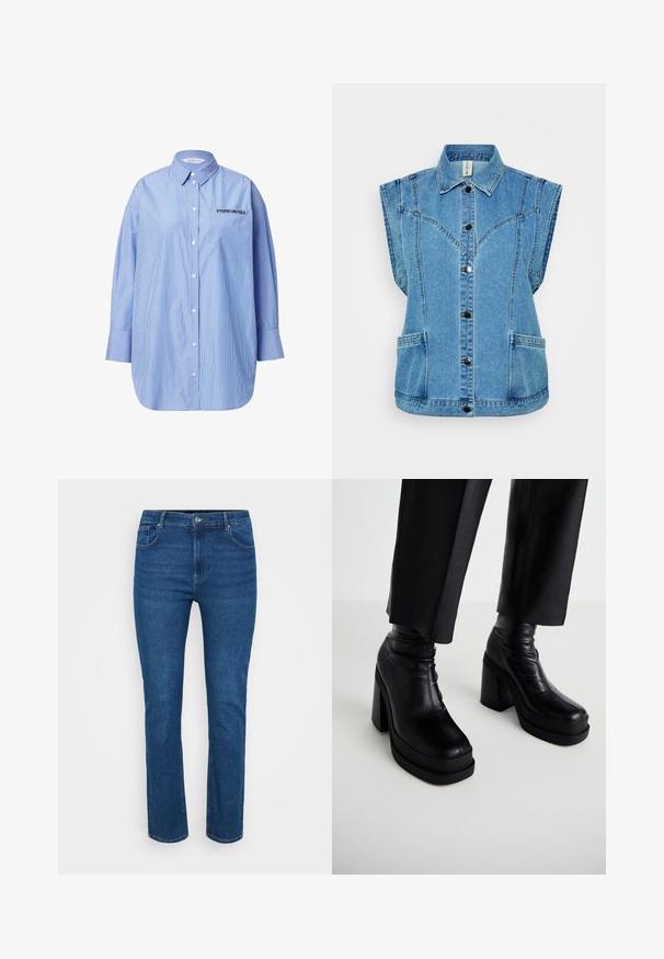 Lysblå denimvest med krave, ærmeløs design, knaplukning fortil, to sidelommer og strukturerede sømme.; Stribet blå skjorte med knapper og lomme, hvor der står "STUDIO UNTOLD", klassisk krave og lange ærmer.; Blå denim jeans med lige ben design, med kontrasterende syninger, fem-lomme stil og en metalknap lukning i taljen.; Sorte læderplatform ankelstøvler med en høj blokhæl og glat tekstur. Har syningsdetaljer og et tætsiddende design.