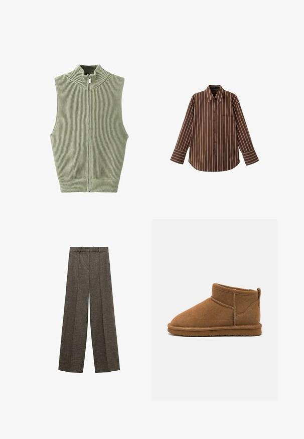 Veste sans manches en maille côtelée vert sauge avec col montant et fermeture éclair à l'avant, posée à plat sur un fond blanc.; Chemise marron à manches longues avec boutons et rayures verticales blanches, dotée d'une poche poitrine, posée à plat sur un fond blanc.; Pantalon large marron avec plis à l'avant, passants de ceinture et tissu texturé.; Bottines en daim marron avec un bout rond, tige courte et tirette au dos. Présente des coutures contrastées et une semelle en caoutchouc plate.