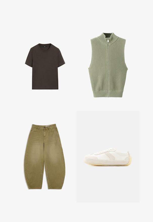 Veste sans manches en maille côtelée vert sauge avec col montant et fermeture éclair à l'avant, posée à plat sur un fond blanc.; T-shirt à manches courtes marron foncé en coton. Il possède un col rond et une coupe décontractée, sans motifs ni accents visibles.; Pantalon large kaki avec bouton et fermeture éclair à l'avant, passants pour ceinture et design à cinq poches, posé à plat sur un fond blanc.; Baskets basses blanches avec détails cousus, accents en daim, fermeture à lacets et semelle en caoutchouc beige sur fond uni.
