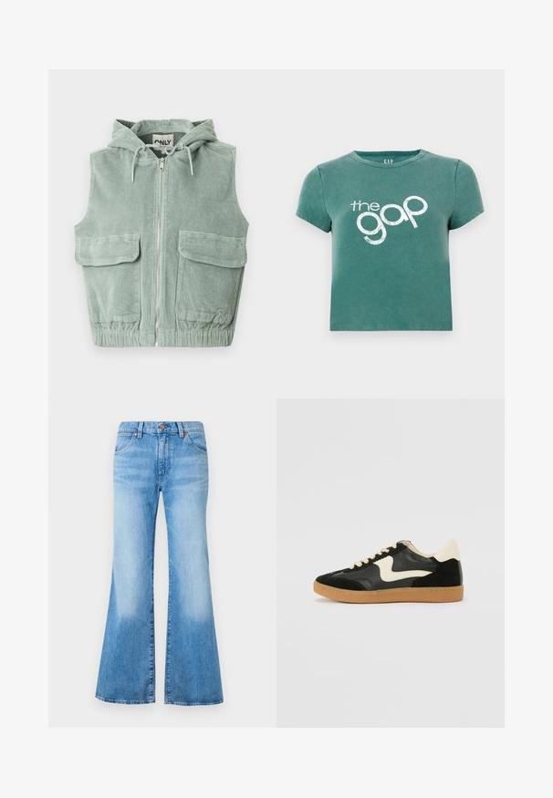 Veste sans manches à capuche en velours côtelé vert clair, dotée d'une fermeture éclair frontale, de deux grandes poches avant et d'un ourlet élastiqué.; T-shirt vert à manches courtes en coton, arborant un logo imprimé blanc "the gap" sur le devant. Design court avec un col rond.; Jean évasé bleu clair à taille haute, en denim. Comprend deux poches avant et des accents en métal sur les boutons. Texture délavée sur le tissu.; Baskets en daim et cuir noir avec un swoosh latéral crème et un talon crème clair. Dotées de lacets beige et d'une semelle en caoutchouc gomme.