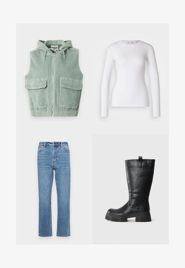 Mouwloos vest met capuchon in lichtgroene ribfluweelstof, voorzien van een ritssluiting aan de voorkant, twee grote voorzakken en een elastische zoom.; Witte longsleeve shirt van ribstof, met een ronde halslijn en een getailleerde vorm. Er zijn geen patronen of accenten aanwezig.; Lichtblauwe denim jeans met een rechte pijp, vijf zakken, een sluiting met een knoop aan de voorkant en subtiele vervaging op de stof.; Zwarte leren laars tot halverwege de kuit met een stevige profielzool en een aantreklap aan de zijkant, weergegeven in profiel op een witte achtergrond.