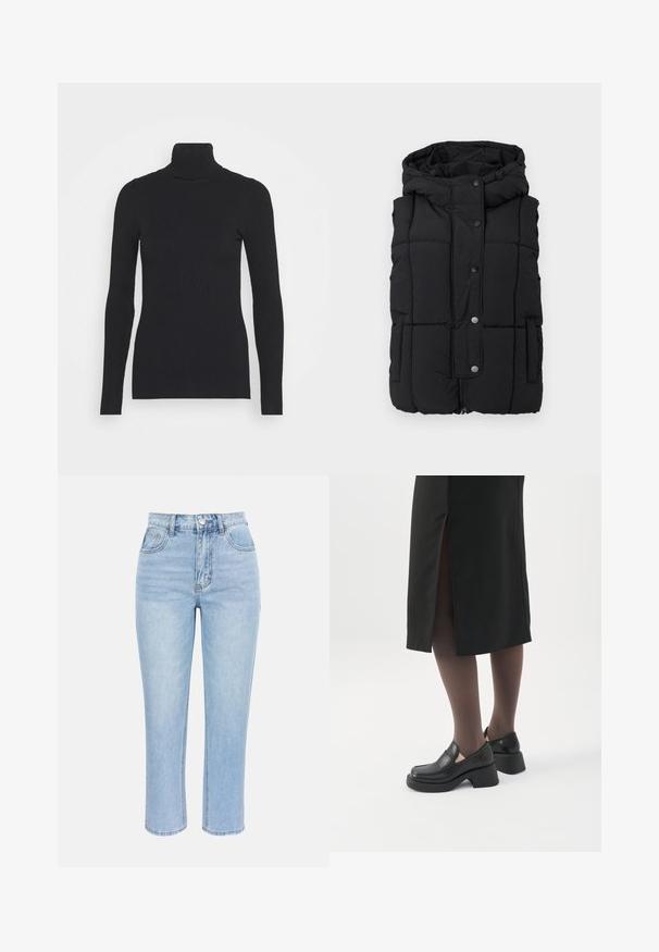 Gilet rembourré noir avec capuche, doté d'un matelassage carré, de deux poches latérales, de boutons pression noirs et d'une fermeture éclair à l'avant. Tissu doux au toucher.; Pull noir à col roulé côtelé, doté de longues manches et d'une silhouette près du corps. La texture est lisse avec un motif de côtes horizontal.; Jean en denim bleu clair taille haute avec bouton et fermeture éclair à l'avant, deux poches avant et jambes droites coupées sur un fond uni.; Femme portant des mocassins noirs à talons épais, des collants noirs transparents et une jupe noire fendue à l'arrière sur fond blanc.