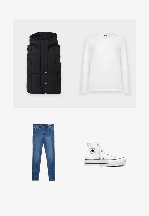 Chaleco de plumas negro con capucha, con un acolchado cuadrado, dos bolsillos laterales, botones de presión negros y un zipper en la parte delantera. Tela suave y texturizada.; Camisa blanca de manga larga con cuello redondo, colocada plana y con etiquetas de collar visibles, sobre un fondo gris claro.; Vaqueros de mezclilla azul oscuro con un ajuste clásico skinny. Incluyen cinco bolsillos, cremallera y un sutil efecto de desgaste para dar textura.; Zapatilla blanca de caña alta Converse Chuck Taylor All Star con parche de logo negro y cordones blancos, presentada sobre fondo blanco.