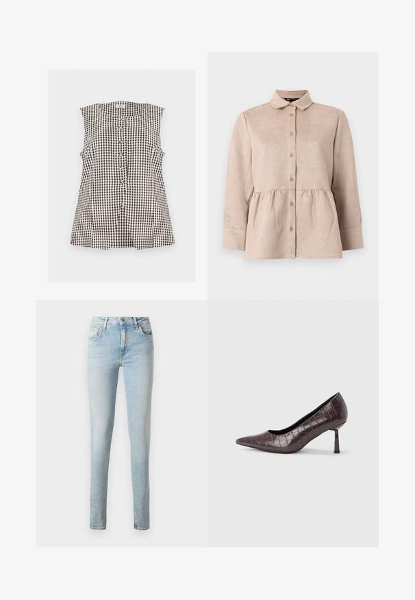 Hihaton nappitettava yläosa, jossa pieni mustavalkoinen ruutukuosi, pyöreä pääntie ja kuusi etunappia.; Vaalean beige-suede-paita, jossa on kauluspää ja napitus edessä, sekä peplum-vyötärö. Ominaisuuksiin kuuluvat pitkät hihat ja sileä pinta, jossa on pieniä nappeja.; Vaaleansinisiä farkkuja, joissa on slim fit -malli, viisi taskua, klassiset vyölenkit ja vetoketjukiinnitys, jossa on yksi nappi.; Ruskeat keinonahkaiset, kärjestä terävät korot, joissa krokotiilikuosinen pinta, ohut kulmikas kenkäkulma ja sileä sisäpinta.