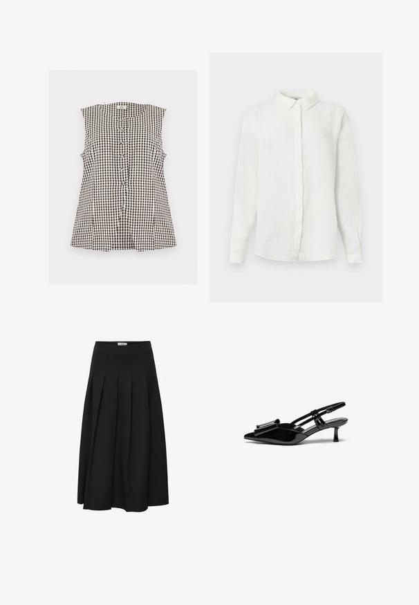 Haut sans manches à boutons avec un petit motif à carreaux noirs et blancs, col rond et six boutons devant.; Chemise blanche à manches longues en tissu froissé, avec col pointu et fermeture à boutons sur le devant, présentée sur un fond uni.; Jupe midi plissée noire en tissu lisse. Elle présente une taille haute et une silhouette fluide avec des plissés soigneusement cousus.; Talons aiguilles en cuir verni noir avec un bout pointu, un détail en nœud à l'avant et un petit talon stiletto. Les brides sont équipées de boucles ajustables.