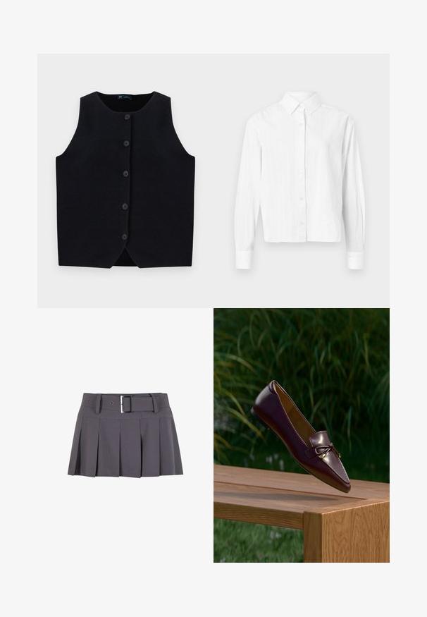 Gilet sans manches noir en tricot, avec un col rond et six boutons à l'avant. Pas de poches ni d'accents supplémentaires.; Chemise blanche à boutons, fabriquée en tissu léger. Présente des manches longues, un col classique et des rayures verticales discrètes. Design court.; Jupe mini plissée grise avec une texture lisse, dotée d'une large ceinture, de passants de ceinture et d'un détail de boucle rectangulaire en argent.; Mocassin en cuir marron avec un détail de nœud flottant au-dessus d’un banc en bois, feuillage vert flou en arrière-plan.