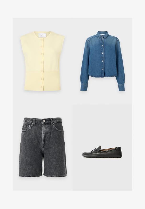 Cardigan sans manches jaune clair en matière tricotée douce. Présente une fermeture à boutons sur le devant et une texture côtelée en bas.; Chemise en denim bleu avec un col, des manches longues et une fermeture boutonnée sur le devant. Elle comporte un ourlet raccourci et une texture subtile.; Shorts en denim noir délavé avec passants de ceinture, bouton avant, fermeture éclair, et design classique à cinq poches.; Bateau en cuir noir avec un bout arrondi, des détails de couture, un petit accent en nœud et une semelle en caoutchouc. Texture lisse et design épuré.