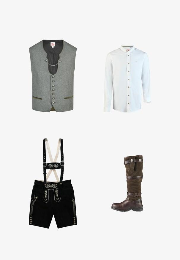 Gilet traditionnel gris avec boutons argentés, doublure foncée et deux poches avant avec bordure vert olive, présenté sur fond blanc.; Chemise blanche à manches longues avec col mandarin, boutons sur le devant et logo brodé subtil sur la poitrine gauche.; Lederhosen en suede noire avec des motifs floraux brodés, des bretelles réglables, des boutons en argent et des poches latérales. Accents en fil argenté.; Botte haute en cuir marron foncé et daim avec deux sangles à boucles réglables et une semelle basse robuste.