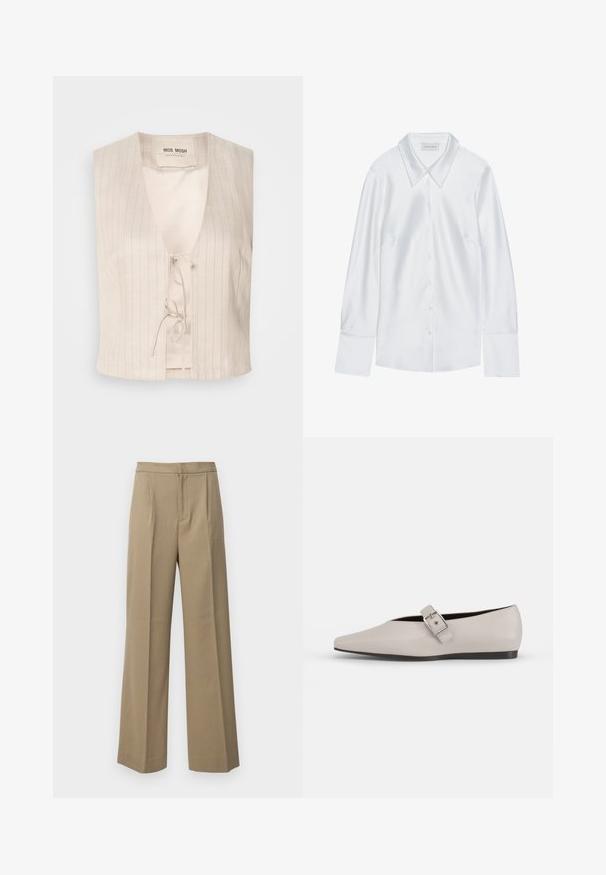 Débardeur crème sans manches avec décolleté en V et fermeture à nouer. Présente de subtiles rayures verticales et une doublure intérieure lisse. Tissu doux et léger.; Chemise blanche à manches longues avec un col classique, dotée d'une fermeture à boutons sur le devant et d'une texture lisse, fabriquée en tissu léger avec un éclat subtil.; Pantalons larges beige en tissu texturé. Avec des plis sur le devant et une taille plate. Pas de fermetures ni de poches visibles.; Chaussure plate en cuir beige avec un bout pointu, un accent de boucle sur le côté et une semelle noire basse. Texture lisse et design minimaliste.