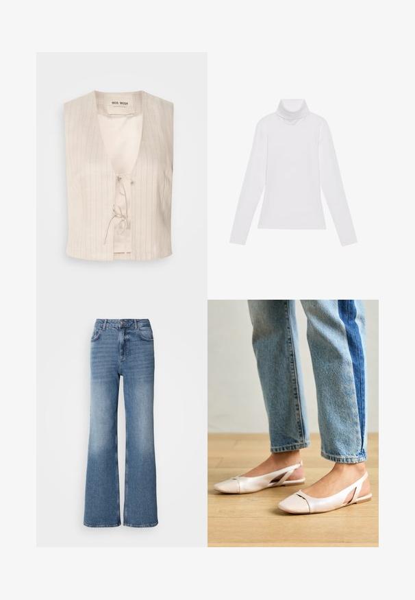 Mouwloze crèmekleurige top met V-hals en striksluiting. Bevat subtiele verticale strepen en een gladde binnenvoering. Zacht, lichtgewicht stof.; Witte lange mouw turtleneck top gemaakt van glad, elastisch materiaal. Voorzien van een hoge kraag en een getailleerd ontwerp, zonder zichtbare patronen of versieringen.; Mos Mosh MAI - Straight leg jeans - blue wash; Zachtroze slingback ballerina's met een spitse neus, gemaakt van een glad leerachtig materiaal. Bevat uitsnijdingen aan de zijkanten en heeft een platte hak.