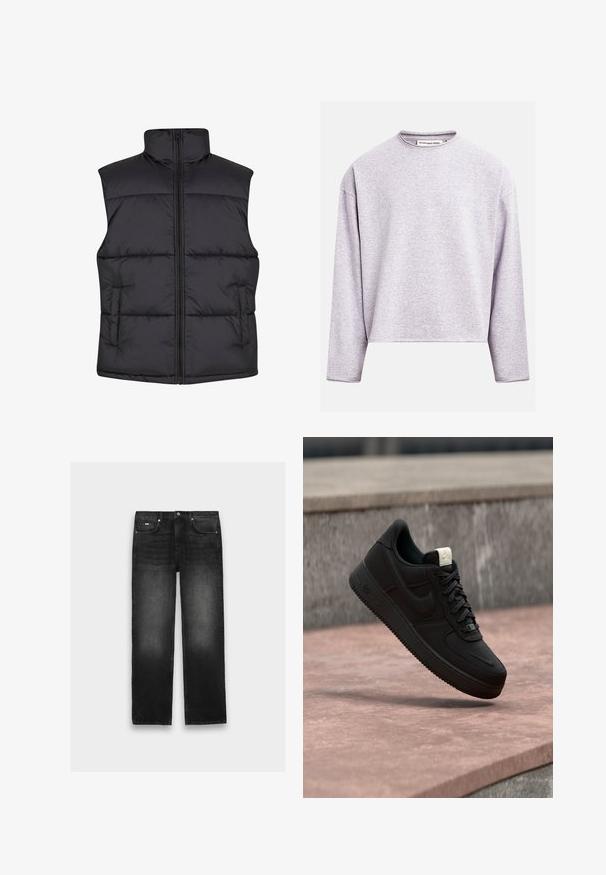 Gilet sans manches noir matelassé avec un col haut, fermeture éclair à l'avant et poches latérales, présentant une texture lisse et un design matelassé.; Sweat-shirt gris clair à manches longues avec encolure ronde, coupe décontractée et étiquette "Redefined Rebel" au niveau du col.; Jean noir à jambes droites avec cinq poches, fermeture à boutons et légère décoloration sur les cuisses et les genoux, posé à plat sur un fond neutre.; Baskets Nike Air Force 1 noires flottant au-dessus d’un rebord en béton rose avec un fond en pierre grise, montrant des détails latéraux et supérieurs.