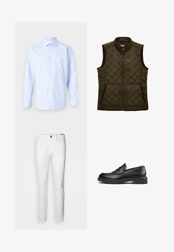 Chaleco acolchado sin mangas de color verde oscuro con ribete marrón, cremallera frontal, bolsillo con cremallera en el pecho y dos bolsillos inferiores de parche.; Camisa de manga larga a rayas azul claro y blanca con cuello clásico, cierre de botones en la parte delantera y puños, hecha de una tela suave.; INDICODE JEANS Vaqueros slim fit - white; Mocasines negros de cuero con detalles brogue, tacón bajo y ancho, y puntera redondeada. Textura lisa con acentos perforados y logo lateral.