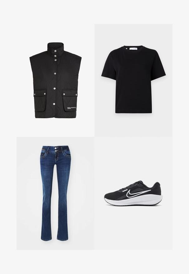 Must mustriga vest kõrge kraega, nööbiga sulgemisega ja kahe esistaskuga. Omab lainelist tikandi mustrit ja "Karl Lagerfeld Jeans" logo.; Lihtne must lühikeste varrukatega ümar kaelusega t-särk, lõdva lõikega ja väikese kaelussildi.; Tumed sinine denimpüksid laieneva säärega, nööbiga vööl, viie tasku ja kontrastsete õmblustega. Omab pehmet ja sileda tekstuuri.; Mustan värvi spordisaapad, millel on võrgu ülemine osa, valged detailid, pehmendatud tald ja voolujooneline disain. Omab ümarat varbajoont ja lamedat tallat.