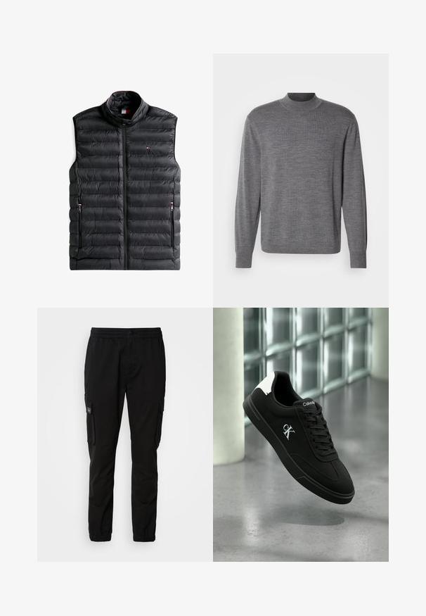 Sort quiltet udenærmet dunvest med frontlynlås, to lynlåslommer og et lille rødt, hvidt og blåt logo på brystet.; Grå langærmet sweater lavet af strikket materiale, med en høj hals og et subtilt logo på brystet. Glat tekstur og tætsiddende design.; Sorte cargo-bukser med elastisk talje, knaplukning, to sidelommer og to cargo-lommer. Glat stof med en afslappet pasform.; Sort Calvin Klein sneaker med hvid hæl-clip og CK-logo på siden, svævende over poleret betongulv med glasblokvæg i baggrunden.