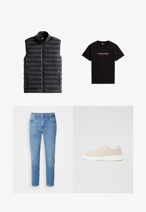 Chaleco acolchado sin mangas negro con cremallera frontal, dos bolsillos con cremallera y un pequeño logo rojo, blanco y azul en el pecho.; Camiseta negra de manga corta con logo de texto "tommy JEANS" en blanco y rojo centrado en la parte delantera y una pequeña bandera Tommy en la manga izquierda.; Vaqueros de mezclilla azul claro con corte recto, diseño de cinco bolsillos y un sutil desgastado. Presentan un cierre de botón y pasadores para cinturón.; Zapatillas de ante beige con suelas de goma blanca, puntera redondeada y seis ojales para los cordones. Textura suave con un diseño minimalista.